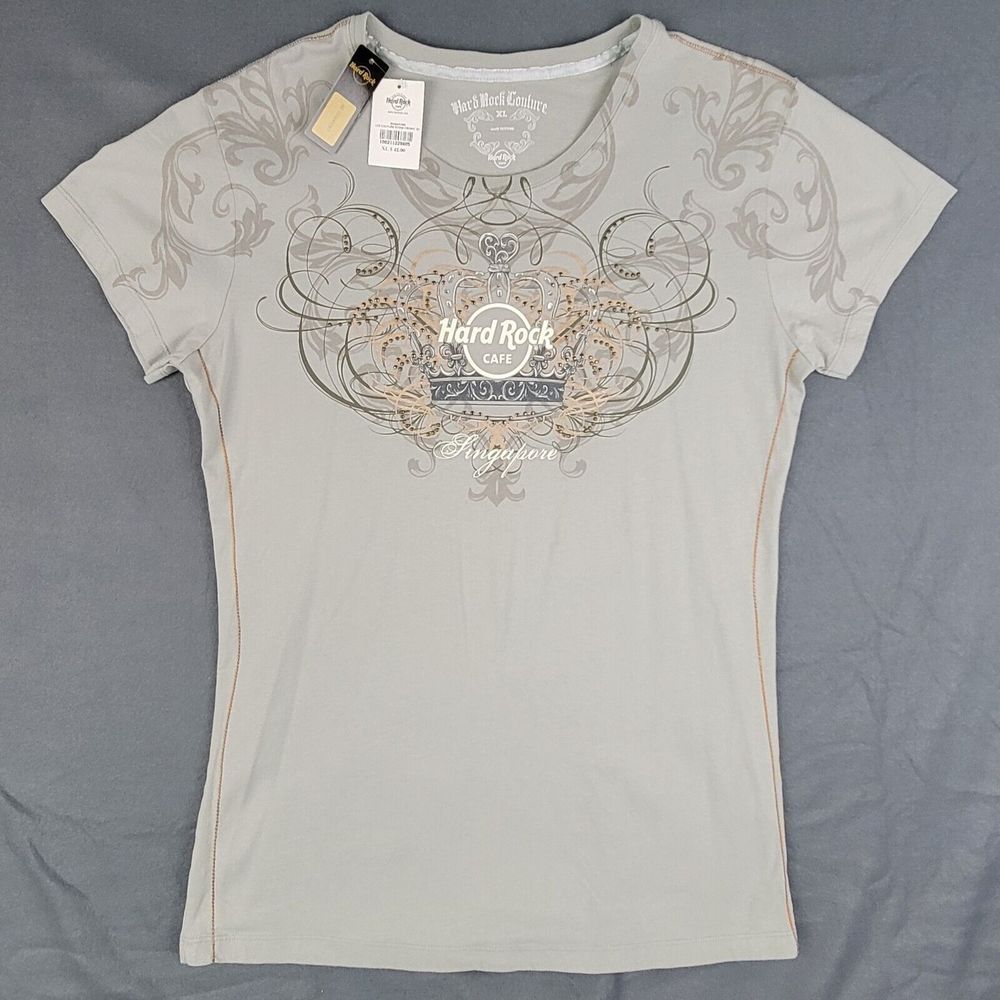 Hard Rock Cafe Couture Womens Singapore Short Sleeve Blouse Size XL Gray